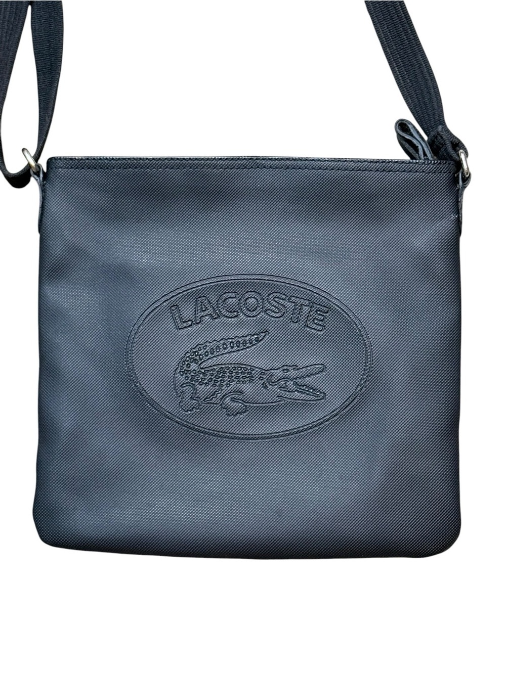 Lacoste Flat Black Crosdbody Bag Purse with Embossed Logo